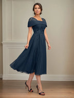 A-Linie Quadratischer Ausschnitt Tee-Länge Chiffon Brautmutterkleid mit Plissierten Pailletten