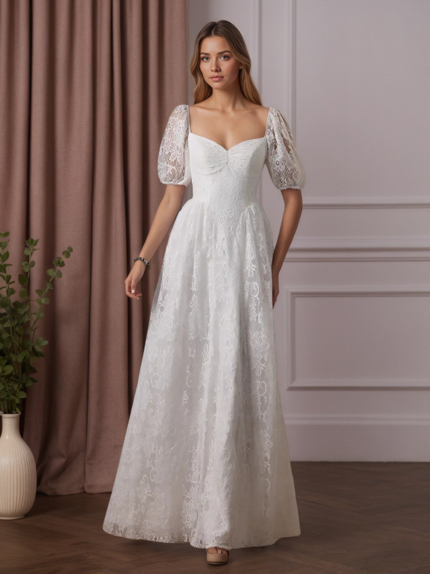 Abito da sposa bianco a linea ad A con scollo a cuore e pizzo