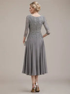 A-line Scoop Tea-Length Lace Chiffon Mother of the Bride Dress