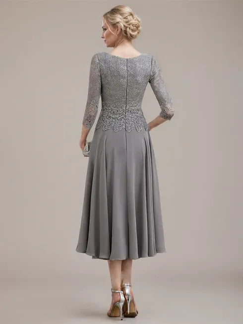 A-line Scoop Tea-Length Lace Chiffon Mother of the Bride Dress