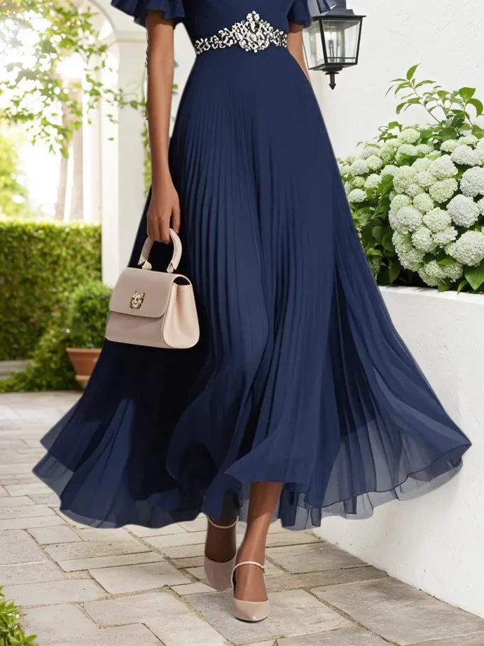 Bläulich-lila plissiertes Chiffon A-Linien Maxikleid mit Strass, V-Ausschnitt und kurzen Ärmeln