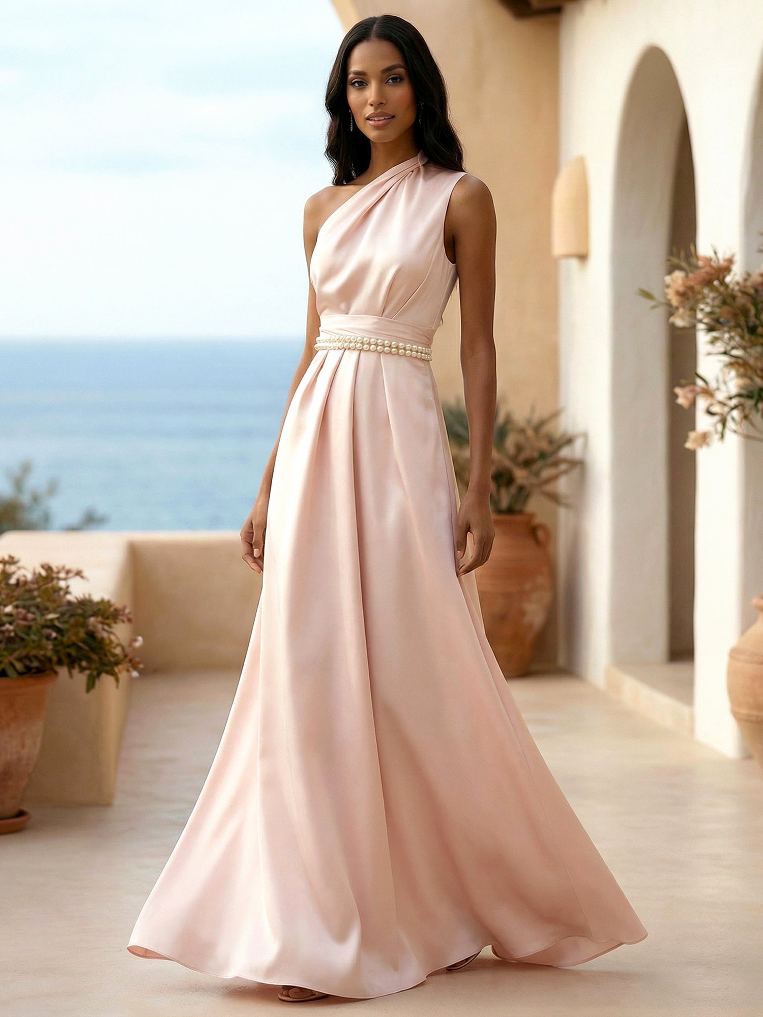 One Shoulder Pleat Satin A Line Evening Dresses with Beads