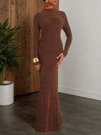 Robe pull longue en laine marron, ligne A, manches longues