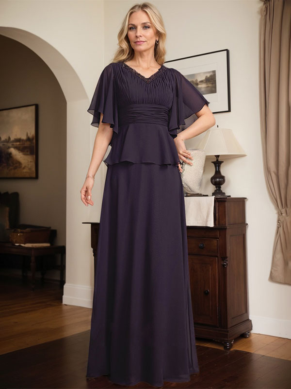 Robe mère de la mariée ligne A en chiffon longue au sol avec décolleté en V et perles plissées
