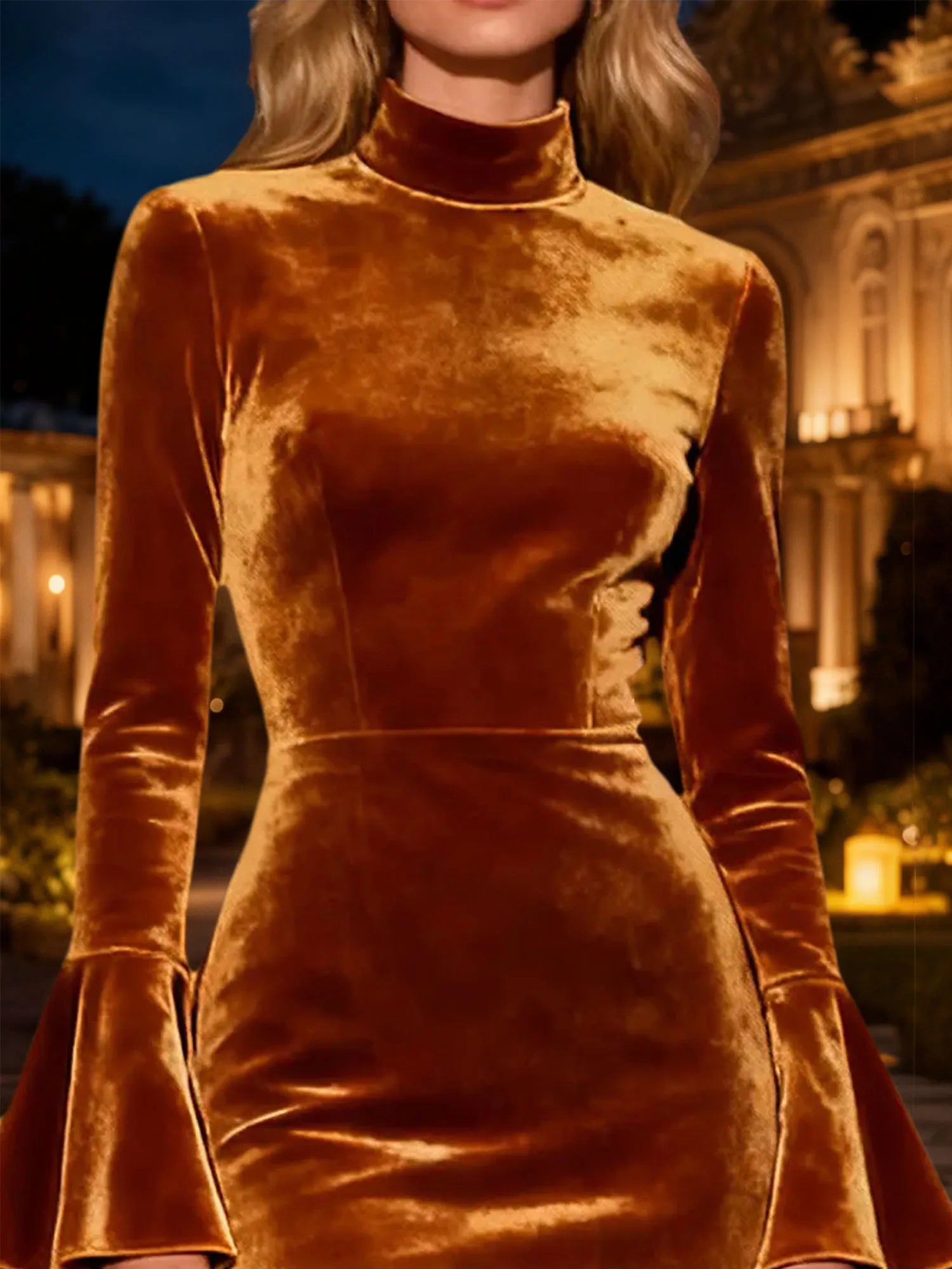 Vestido longo marrom de veludo para festa de fim de ano, modelo sereia com babados e fenda
