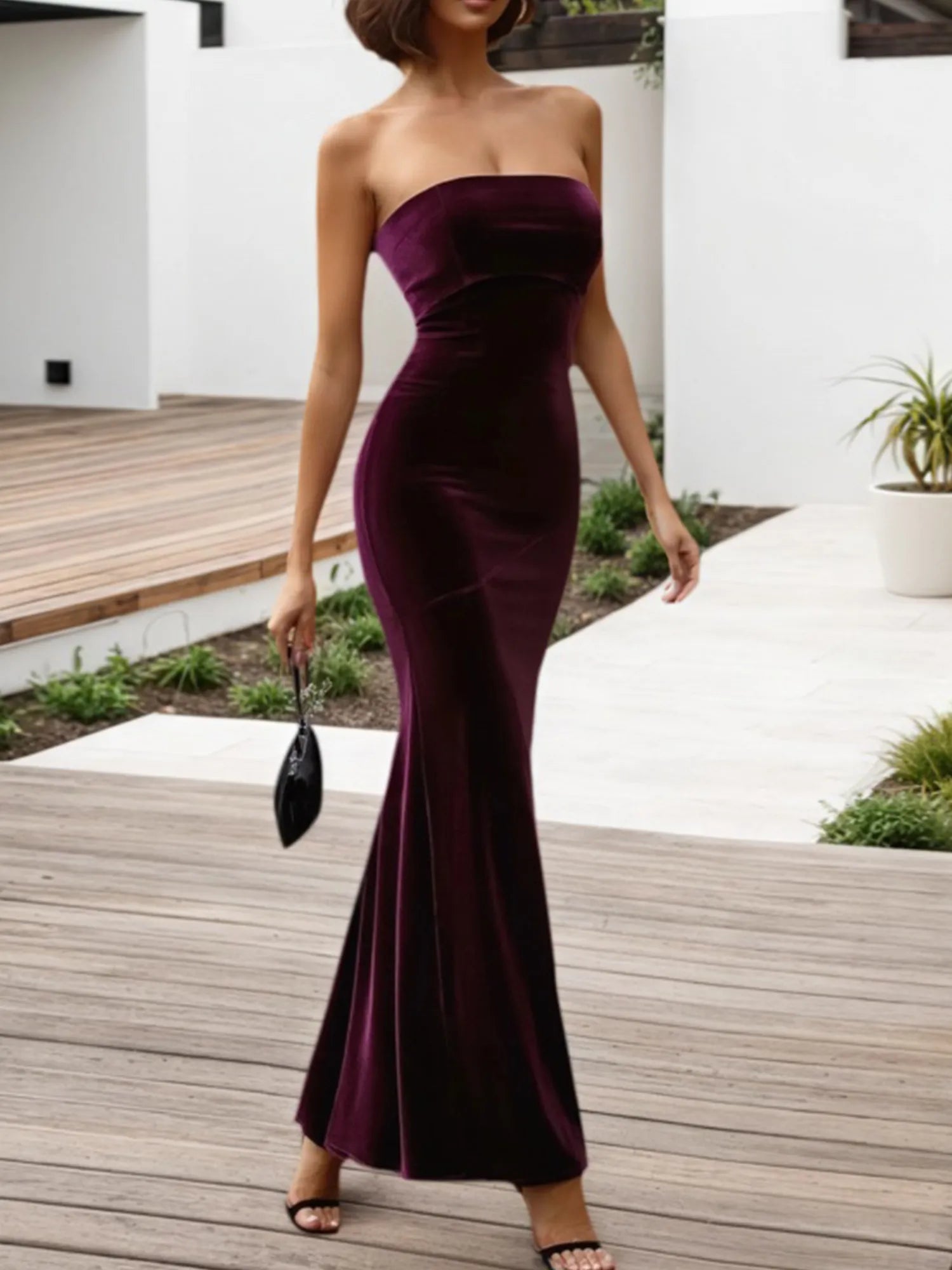 Cocktail Party Velvet Dress Dark Purple Strapless Mermaid Maxi Dress