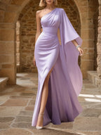 Vestido formal de noche púrpura, de un solo hombro, largo maxi fluido