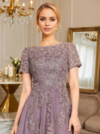 Abito da madre della sposa in chiffon a linea ad A, lunghezza tea, con scollo a U e applicazioni