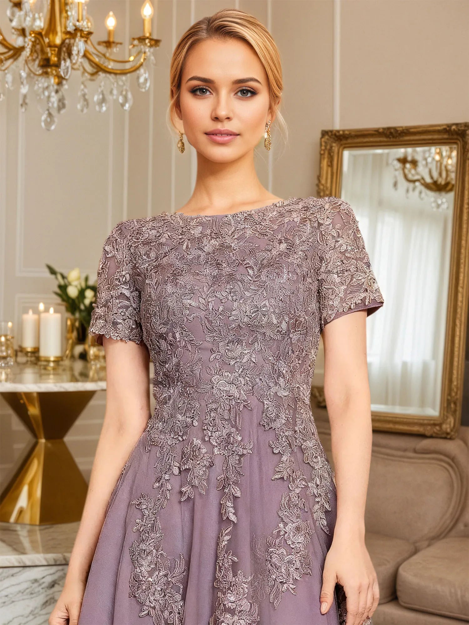Abito da madre della sposa in chiffon a linea ad A, lunghezza tea, con scollo a U e applicazioni