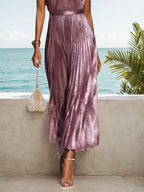 Roségold plissiertes ausgeschnittenes klassisches Halter ärmelloses A-Linien Maxikleid