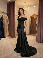 Vestido longo de baile preto em cetim, ombro a ombro, drapeado