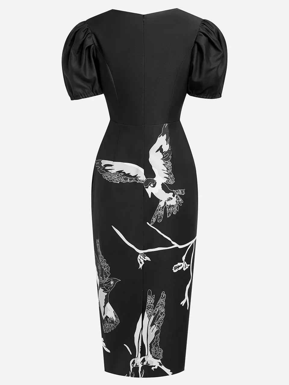 Vestido midi preto com pregas, decote em V e mangas bufantes