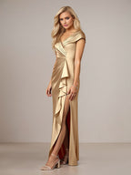Champagne A-Line Satin V Neck Asymmetrical Mother of the Bride Dress