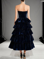Evening Formal Dress Navy Off The Shoulder Velvet Maxi Dress With Ruffles