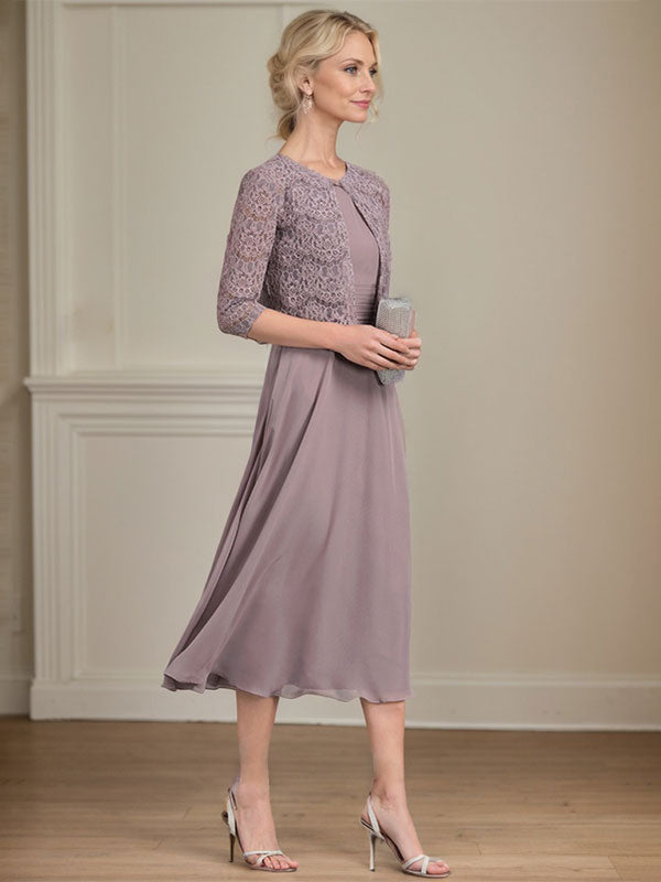 Robe de mère de la mariée en mousseline longueur thé ligne A à encolure dégagée avec plis