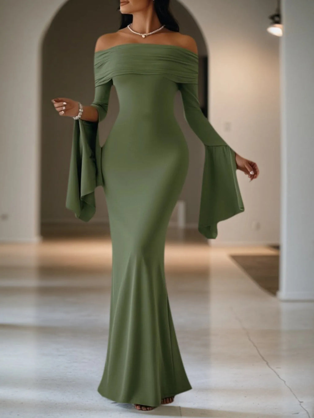 Formal Evening Dress Green Off Shoulder Maxi Long Sleeve Dress