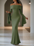Formal Evening Dress Green Off Shoulder Maxi Long Sleeve Dress