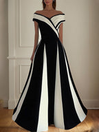 A Line Elegant Black&White Chiffon Off the Shoulder Sleeveless Floor Length Dress