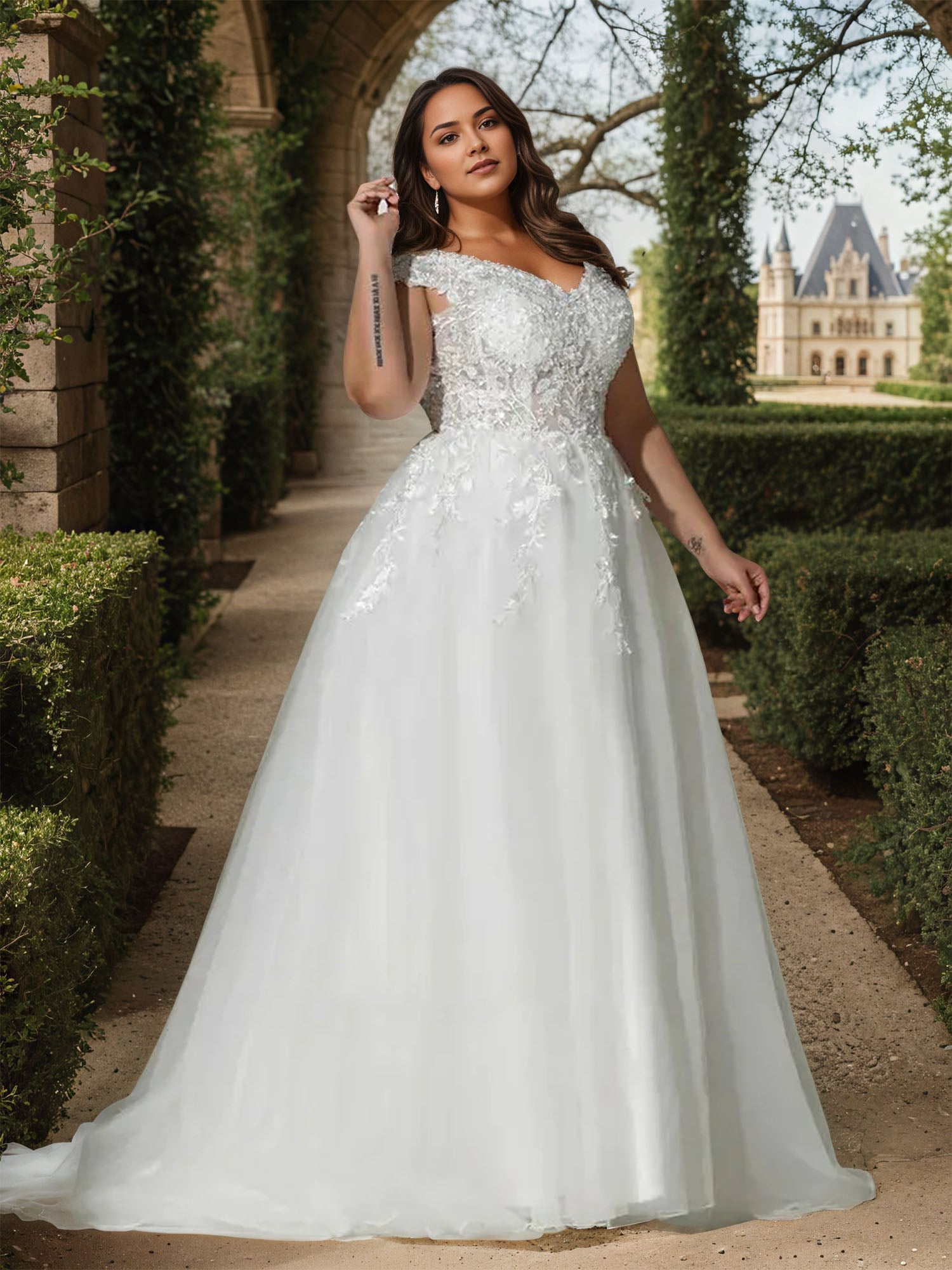 Off the Shoulder White Ball-Gown Applique Wedding Dress