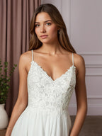 Weißes A-Linien Spitzen Chiffon Hochzeitskleid