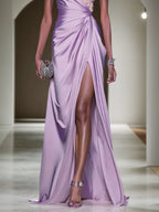 Robe violette classique ligne A à une épaule, sans manches, avec appliques et fronces