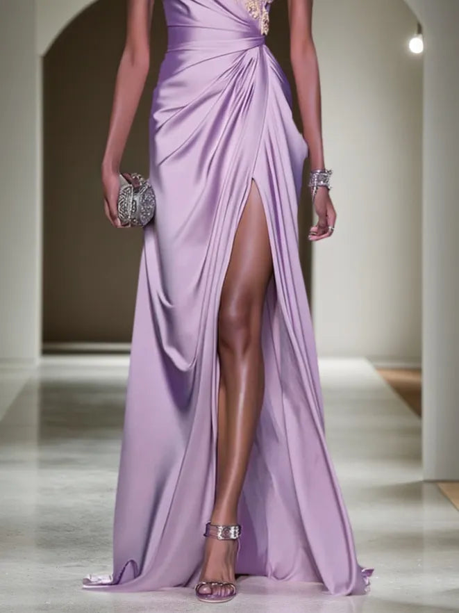Robe violette classique ligne A à une épaule, sans manches, avec appliques et fronces