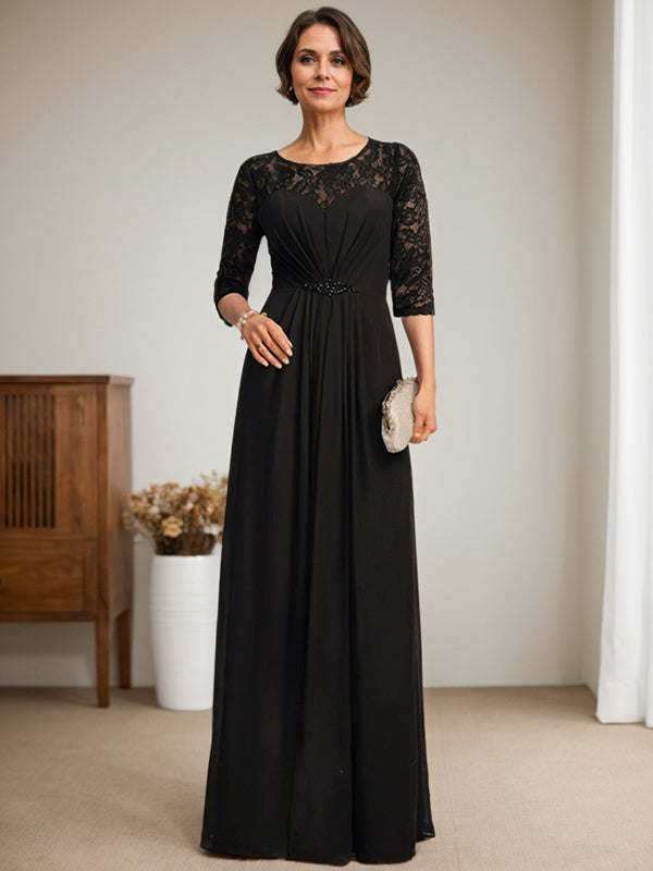 Vestido de mãe da noiva em linha A, com decote redondo ilusão, renda e chiffon longo até o chão, com bordados e babados