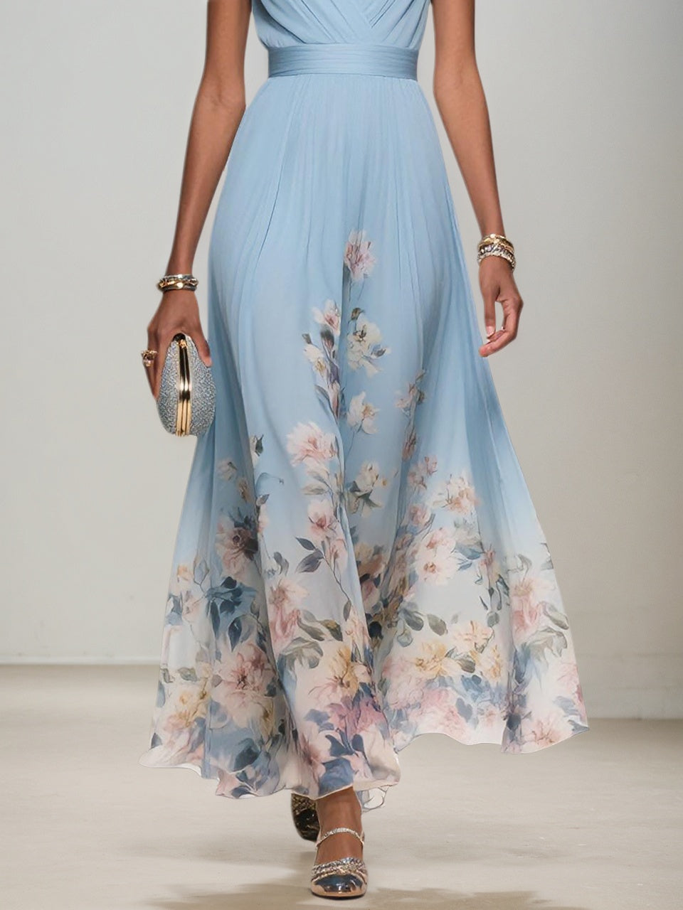 Hellblaues Blumen-Chiffon V-Ausschnitt Ärmelloses A-Linien Maxikleid