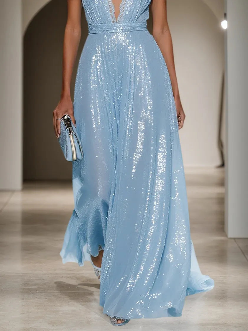 Abito lungo a linea A in pizzo azzurro chiaro con paillettes, scollo a V e senza maniche