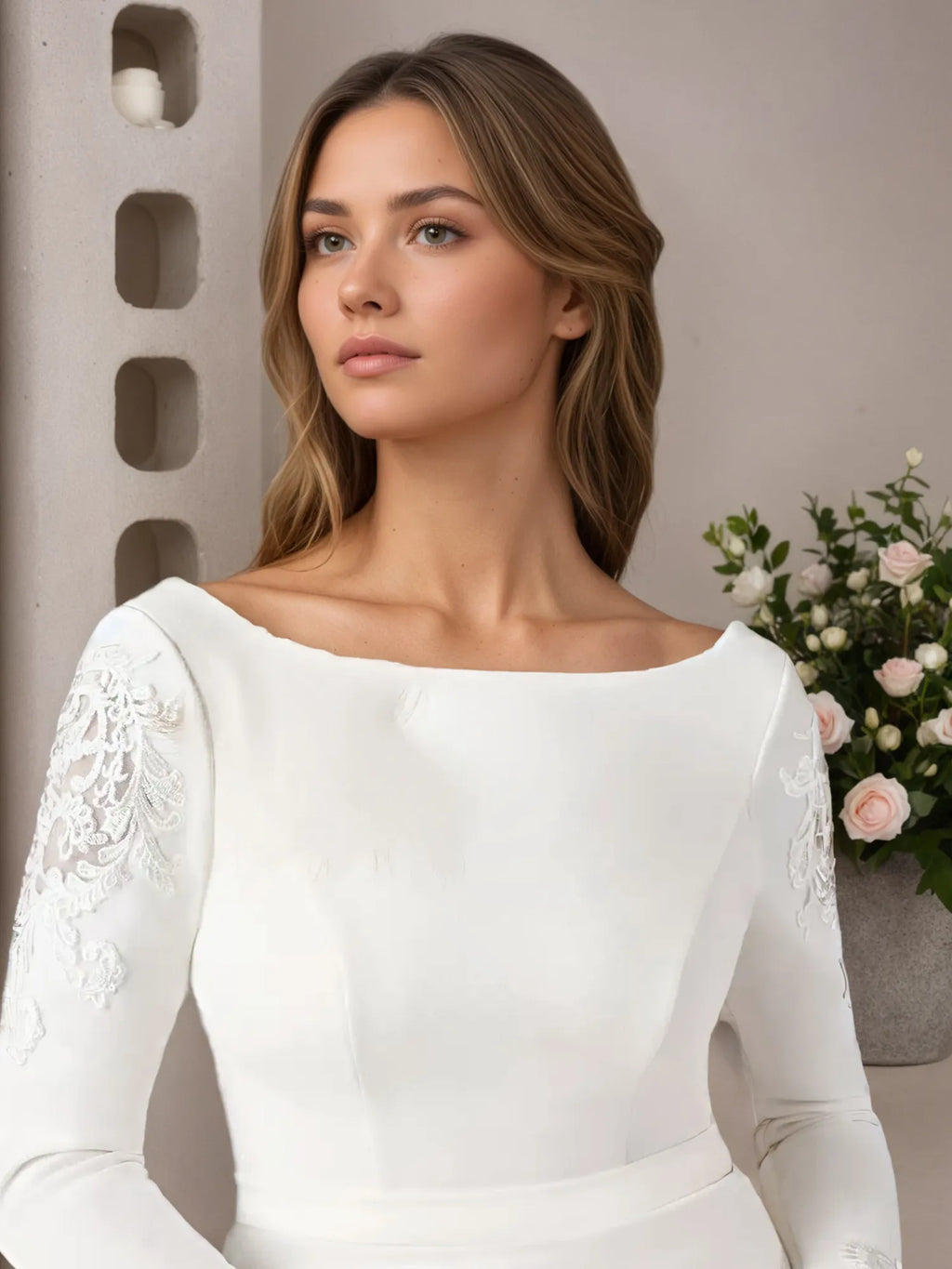 Abito da sposa bianco a sirena in crepe elasticizzato con scollo a goccia e paillettes