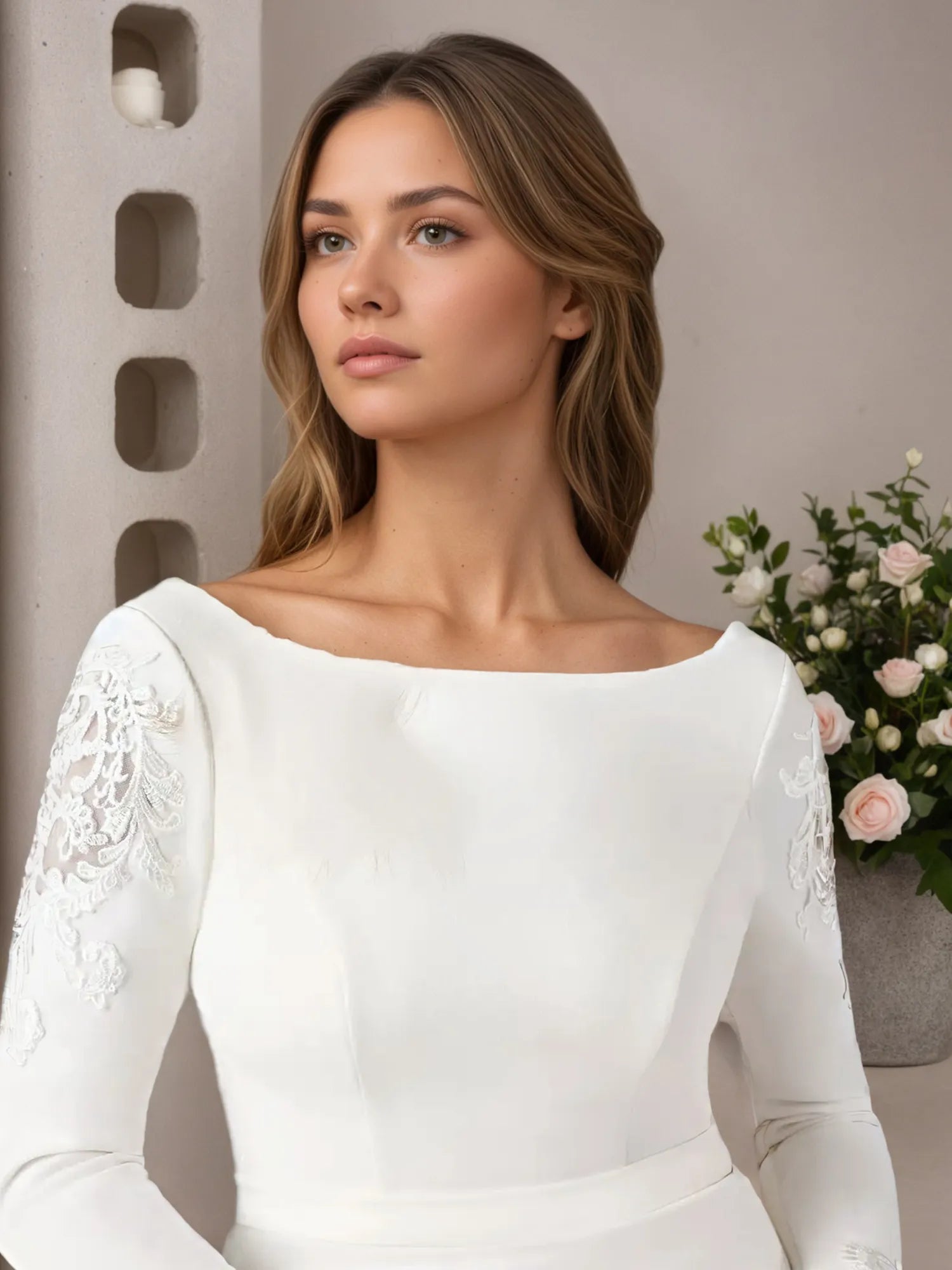 Abito da sposa bianco a sirena in crepe elasticizzato con scollo a goccia e paillettes