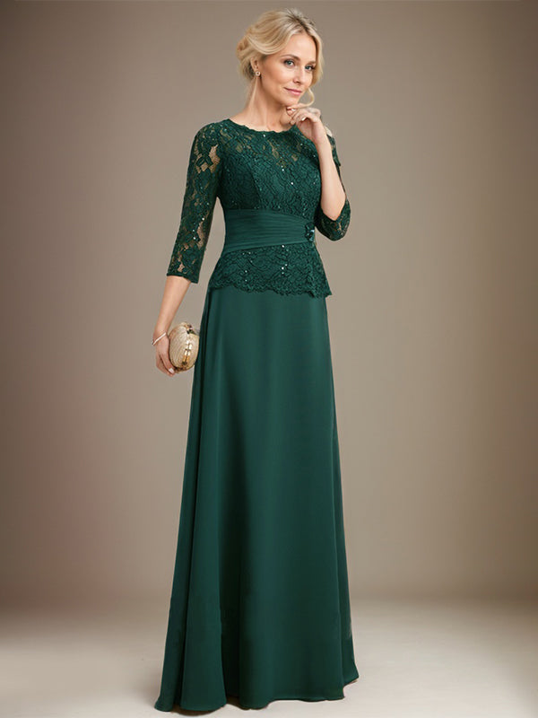 A-Linien Kleid mit Scoop-Ausschnitt, Illusion, bodenlangem Chiffon und Spitze, Mutter-der-Braut-Kleid mit plissierten Pailletten und Perlenbesatz