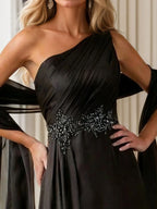 Black One-Shoulder Chiffon Ruffled Beaded Maxi Evening Dress