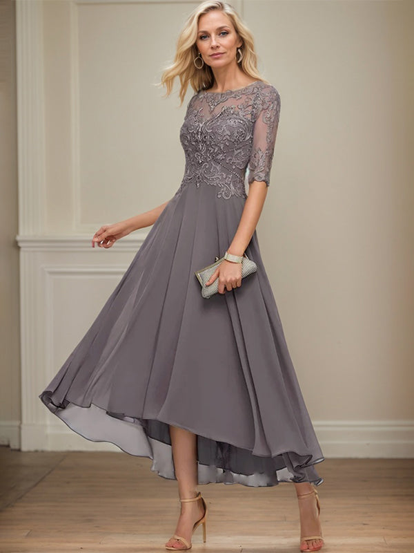 A-Linien Bootsausschnitt Illusionskleid mit asymmetrischem Chiffon-Spitzenstoff, Mutter-der-Braut-Kleid mit Paillettenperlen