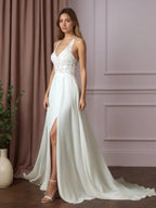 Vestido de novia blanco en línea A con encaje