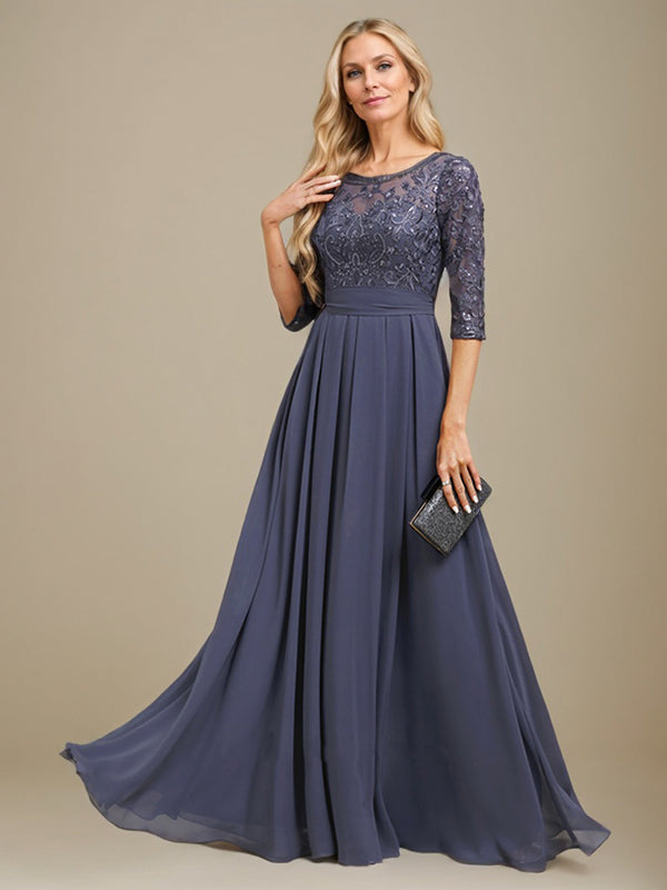 Vestido largo hasta el suelo en línea A con escote redondo, encaje y gasa para madre de la novia con apliques de lentejuelas