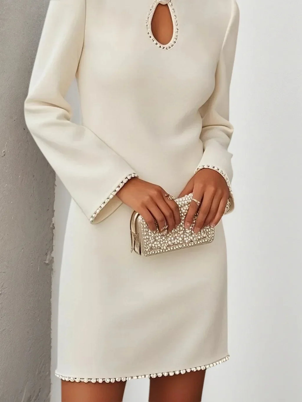 White Pearl Hollow Out Classic Crew Neck Long Sleeve Sheath/Column Mini Dress