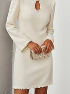 White Pearl Hollow Out Classic Crew Neck Long Sleeve Sheath/Column Mini Dress