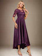 A-line Scoop Illusion Asymmetrical Stretch Satin Lace Mother of the Bride Dress With Sequins