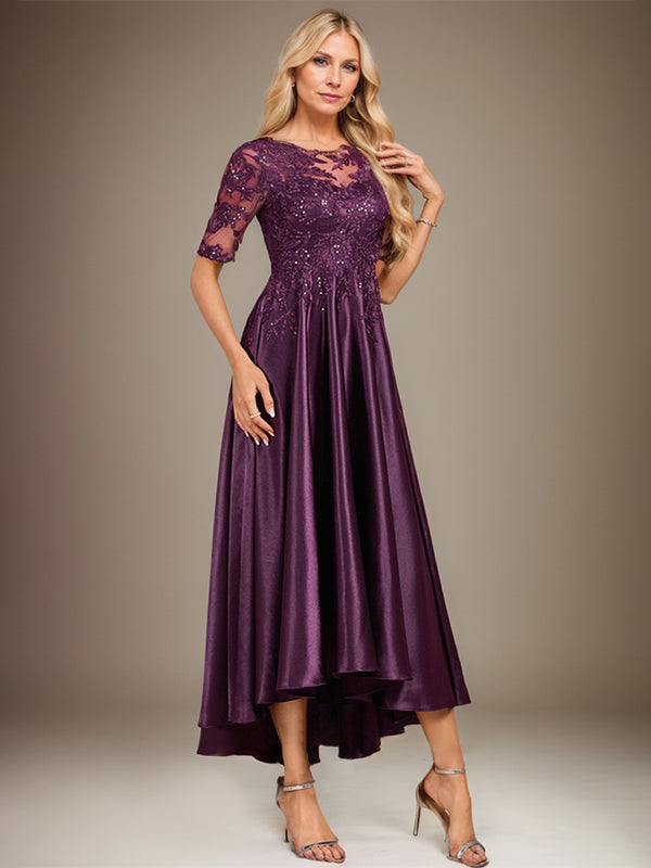 A-line Scoop Illusion Asymmetrical Stretch Satin Lace Mother of the Bride Dress With Sequins