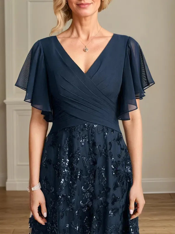 A-Linie V-Ausschnitt Kurzarm Chiffon Brautmutterkleid mit Applikationen