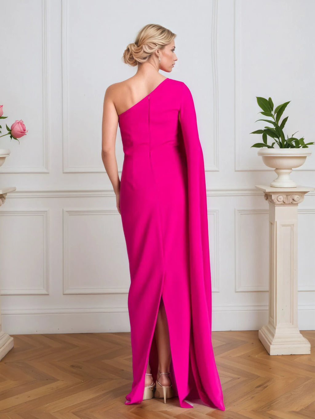 Knallpinkes Stretch-Krepp Ein-Schulter gerafftes bodenlanges Abendkleid