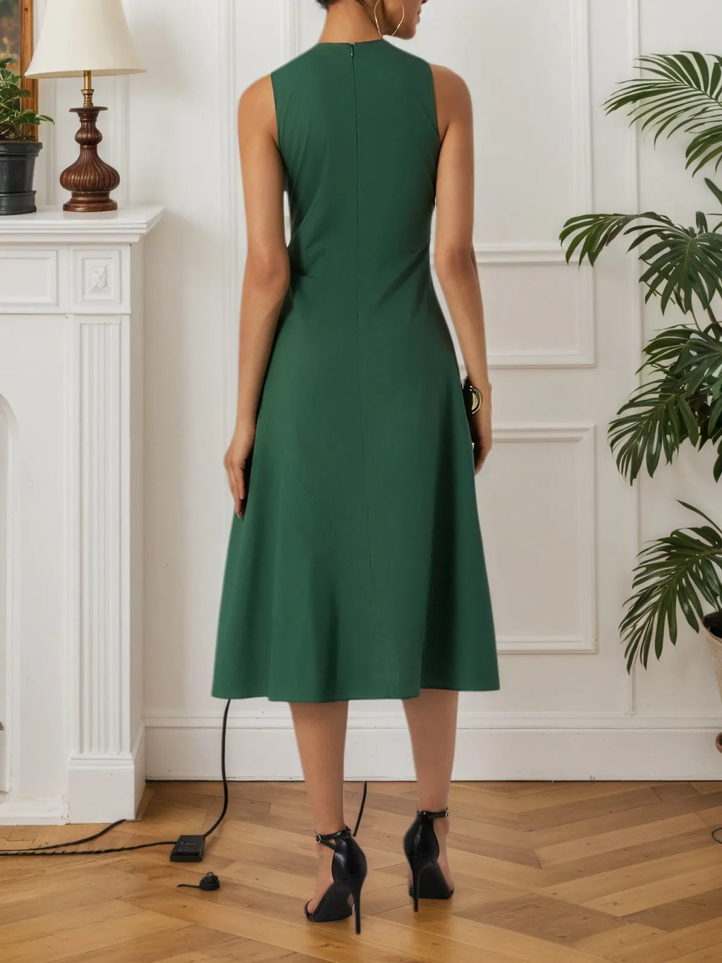 Green Shirred Cotton Crew Neck Sleeveless A-Line Midi Dress