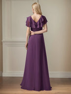 A Line Chiffon V Neck Ruffles Floor Length Mother of the Bride Dress