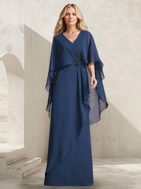 Vestido largo línea A de gasa para madre de la novia con escote en V, volantes en cascada y cuentas