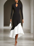 Formal Evening Dress Black White Stand Collar Ruffle Maxi Dress