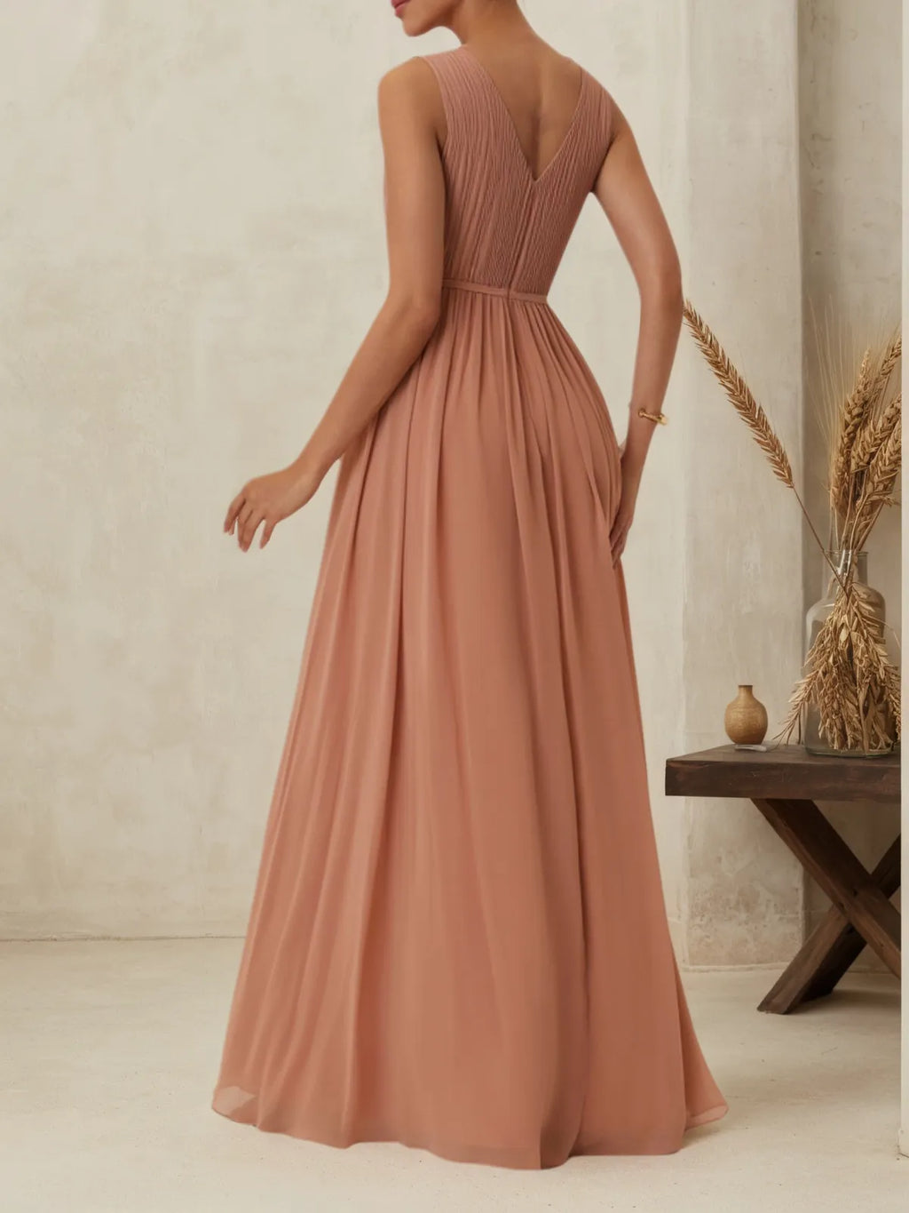 Vestido de Festa Rosa com Franzido, Decote em V, Sem Mangas, Corte A, Longo, para Madrinhas