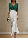 Elegant Formal Dress V Neck Half Sleeve Green White Evening Gown Dress