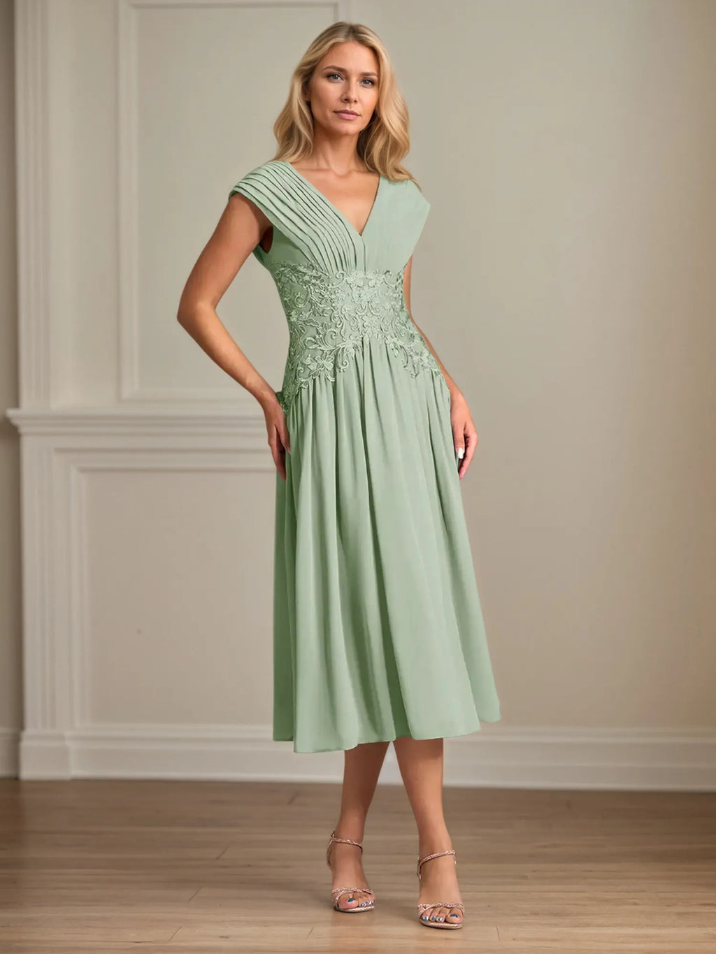 Vestido de madre de la novia línea A sin mangas de gasa con escote en V y apliques