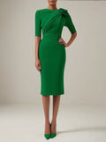 Vestido diario semiformal verde con cuello redondo, mangas cortas y largo hasta el té